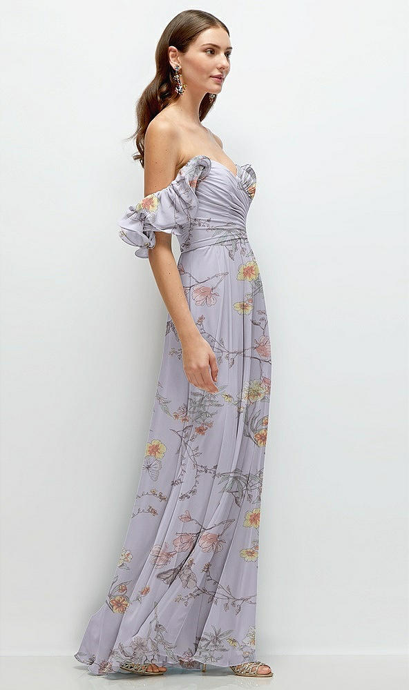 Back View - Butterfly Botanica Silver Dove Dramatic Ruffle Edge Strap Chiffon Maxi Dress