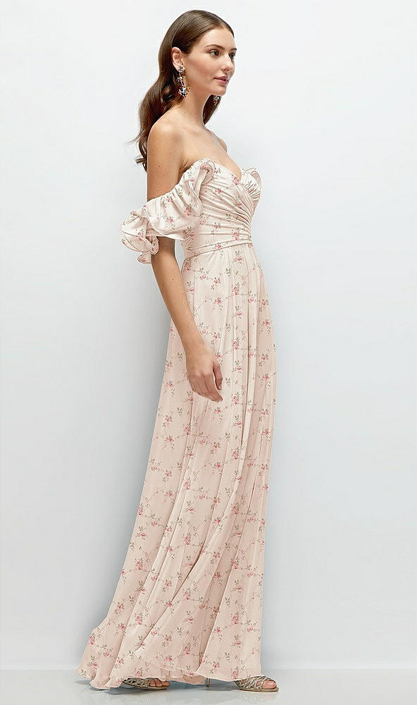 Back View - Coquette Floral Print Dramatic Ruffle Edge Strap Chiffon Maxi Dress