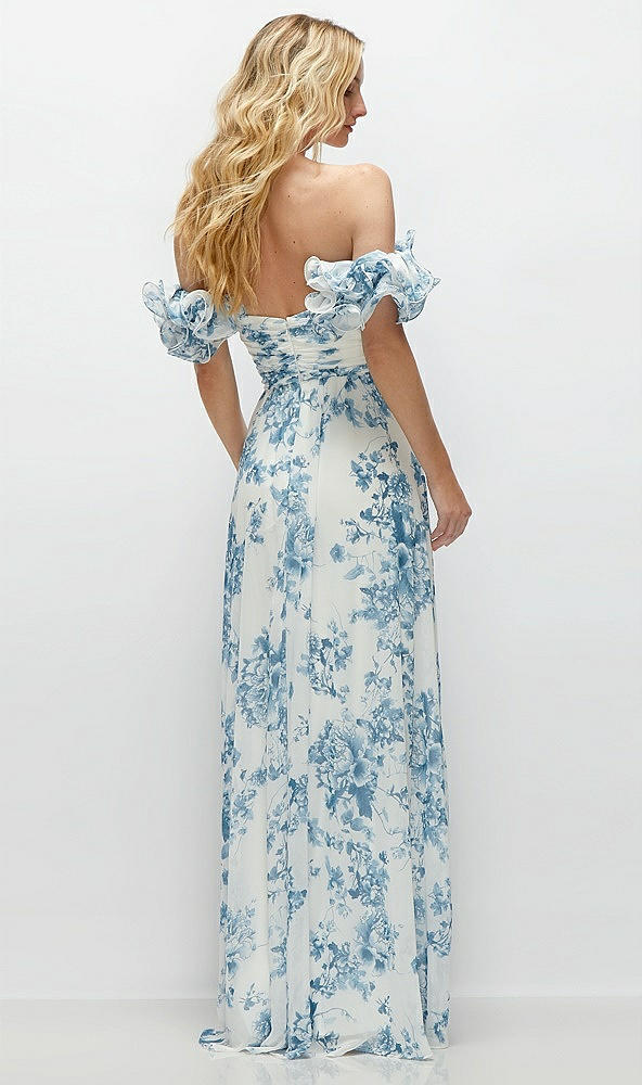 Back View - Cottage Rose Dusk Blue Dramatic Ruffle Edge Strap Chiffon Maxi Dress