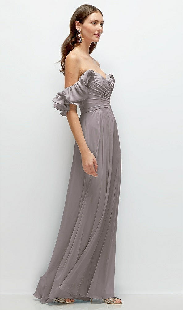 Back View - Cashmere Gray Dramatic Ruffle Edge Strap Chiffon Maxi Dress