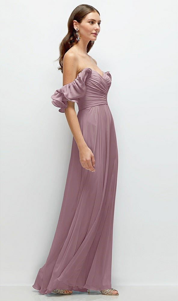 Back View - Dusty Rose Dramatic Ruffle Edge Strap Chiffon Maxi Dress