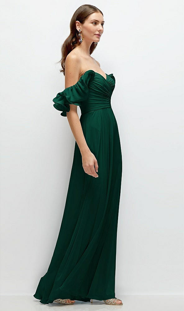 Back View - Hunter Green Dramatic Ruffle Edge Strap Chiffon Maxi Dress