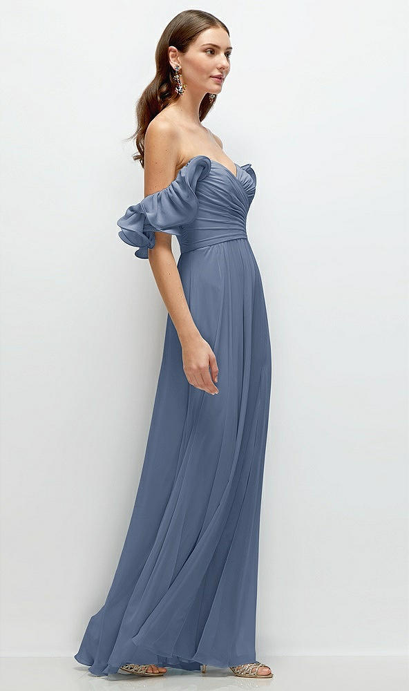 Back View - Larkspur Blue Dramatic Ruffle Edge Strap Chiffon Maxi Dress