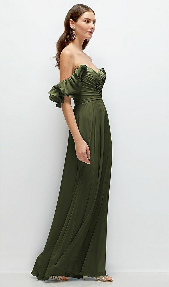 Back View - Olive Green Dramatic Ruffle Edge Strap Chiffon Maxi Dress