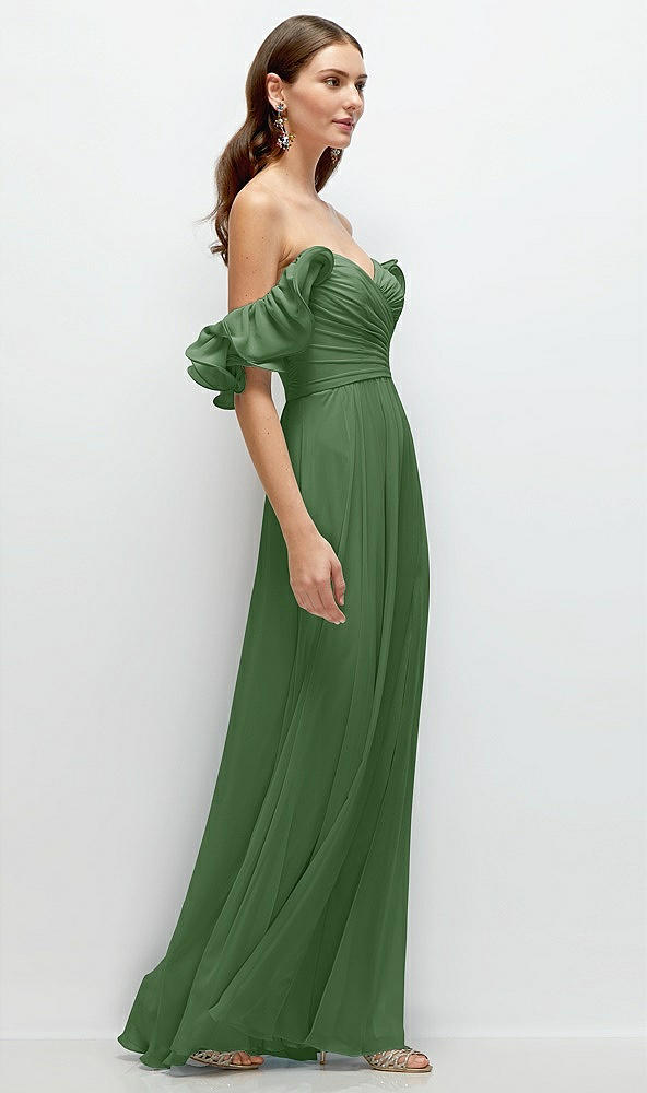 Back View - Vineyard Green Dramatic Ruffle Edge Strap Chiffon Maxi Dress