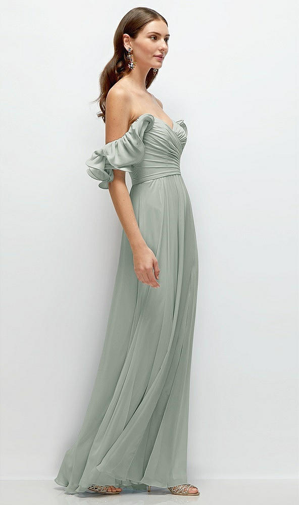 Back View - Willow Green Dramatic Ruffle Edge Strap Chiffon Maxi Dress