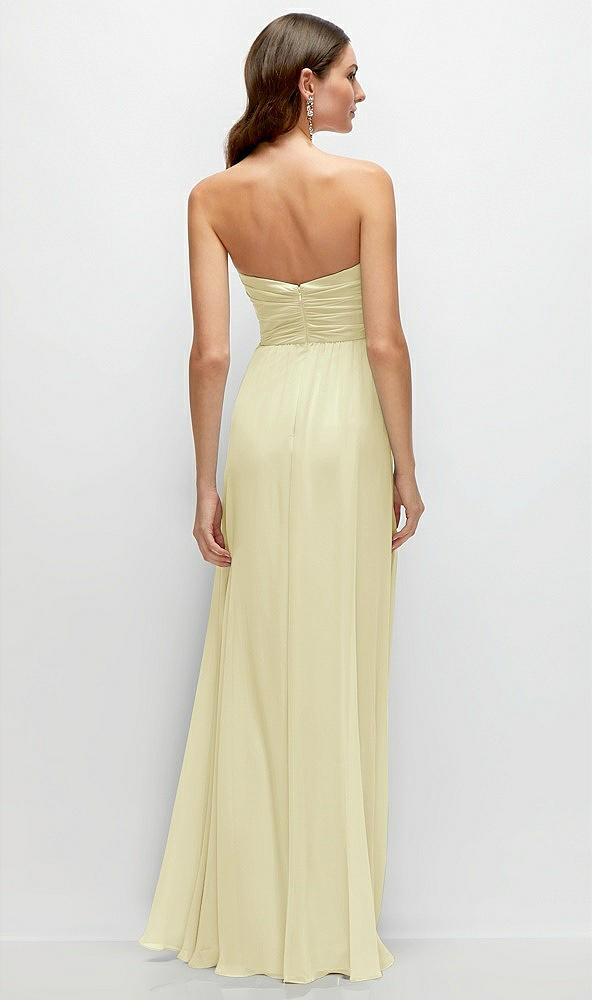 Back View - Butter Yellow Strapless Pleated Surplice Chiffon Maxi Dress with A-Line Skirt