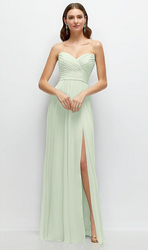 Front View - Mint Green Strapless Pleated Surplice Chiffon Maxi Dress with A-Line Skirt