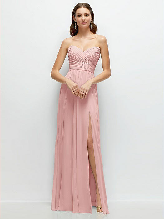 Strapless Pleated Surplice Chiffon Maxi Dress with A-Line Skirt