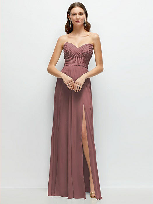 Strapless Pleated Surplice Chiffon Maxi Dress with A-Line Skirt