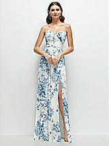 Front View Thumbnail - Cottage Rose Dusk Blue Strapless Pleated Surplice Chiffon Maxi Dress with A-Line Skirt
