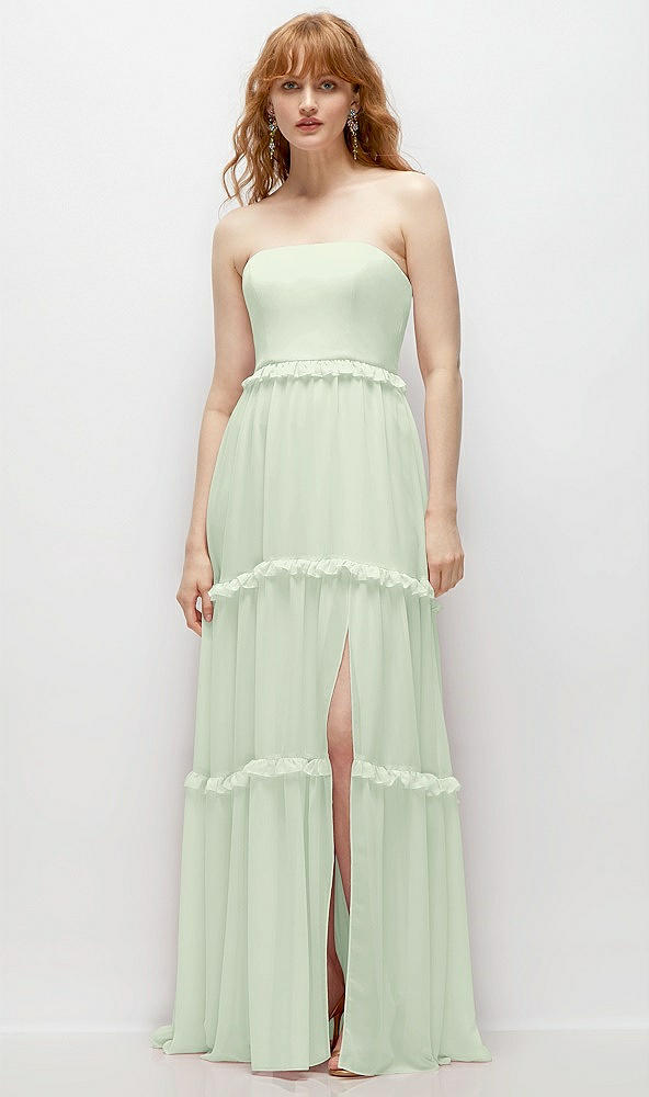 Front View - Mint Green Strapless Chiffon Maxi Dress with Tiered Micro Ruffle Full Skirt