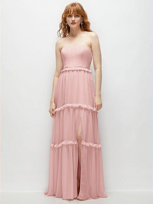 Strapless Chiffon Maxi Dress with Tiered Micro Ruffle Full Skirt