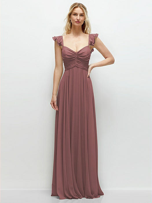 Convertible Ruffle Strap Chiffon Maxi Dress with Full Circle Skirt