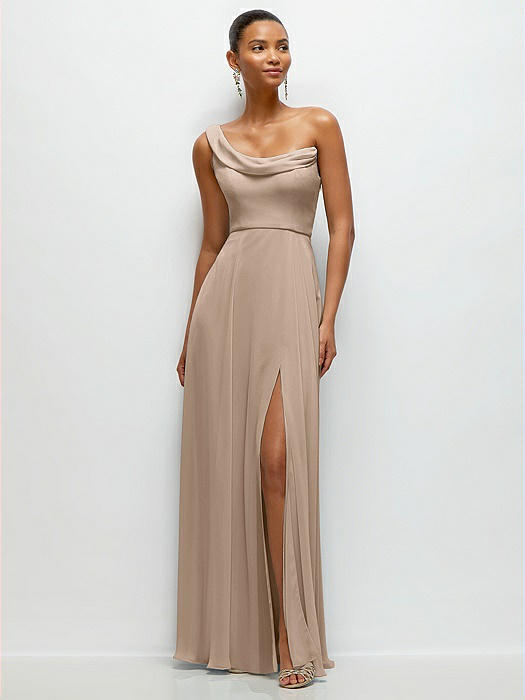 Chiffon One-Shoulder Maxi Dress with Draped Cowl Neckline