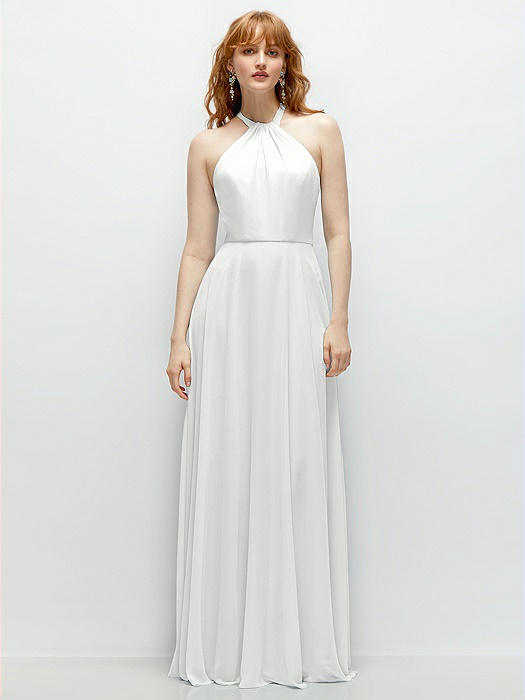 Shirred Halter Chiffon Maxi Dress with Back Sash-Tie Closure
