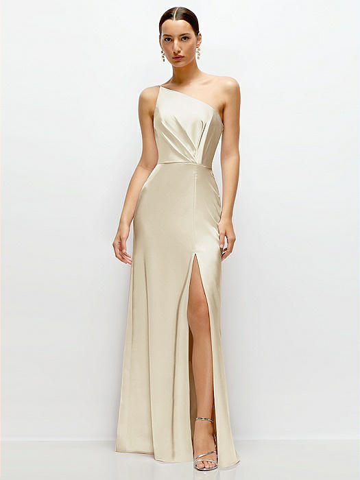 Pleated One-Shoulder Satin Maxi Dress with A-Line Skirt