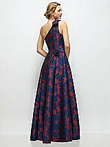Rear View Thumbnail - Burgundy Midnight Floral Bow One-Shoulder Full A-Line Heritage Floral Jacquard Maxi Dress
