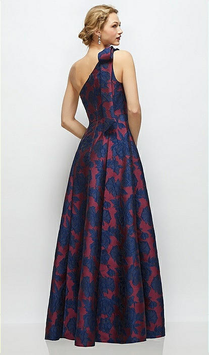 Bow One-shoulder Full A-line Heritage Floral Jacquard Maxi