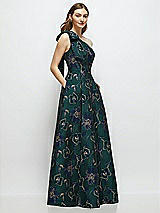Side View Thumbnail - Evergreen Floral Bow One-Shoulder Full A-Line Oscar Metallic Floral Jacquard Maxi Dress