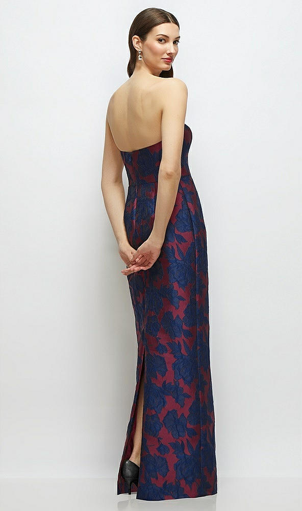 Back View - Burgundy Midnight Floral Strapless Heritage Floral Jacquard Column Dress with Back Slit