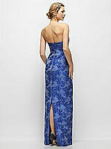 Rear View Thumbnail - Cobalt Jacquard Strapless Cobalt Floral Metallic Jacquard Column Dress with Back Slit