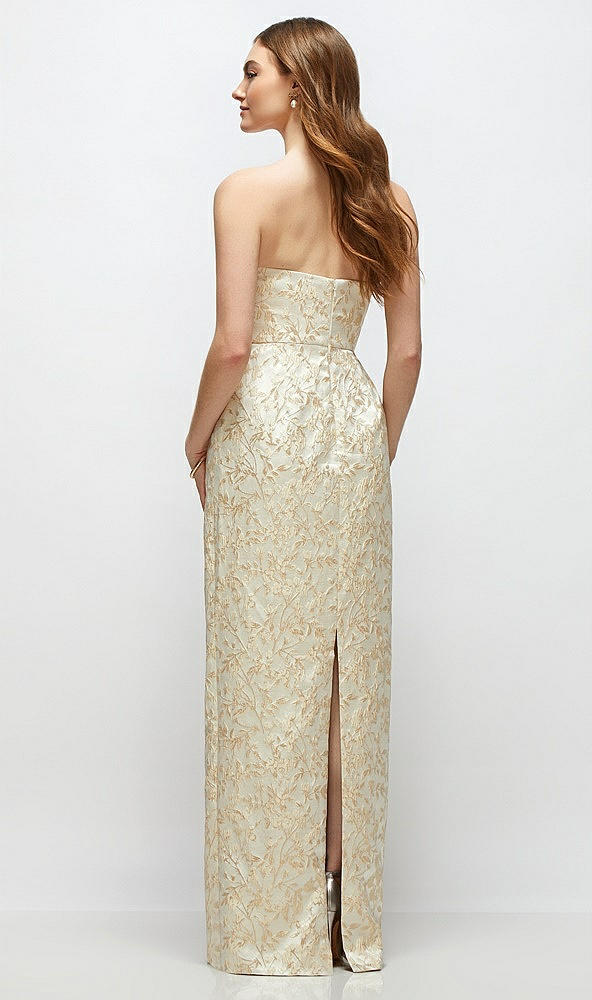 Back View - Champagne Filigree Strapless Champagne Brocade Column Dress with Back Slit
