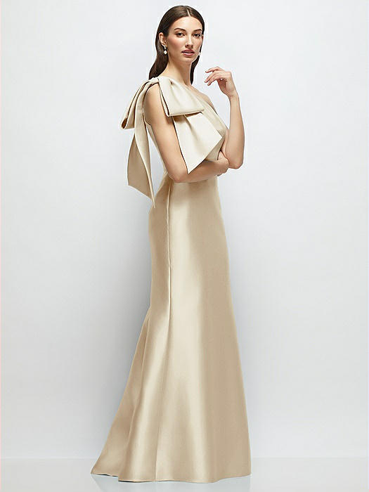 Bow One-Shoulder Satin Maxi Dress with Trumpet Skirt
