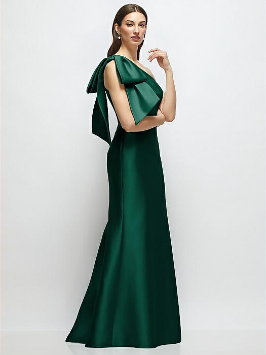 Bow One-Shoulder Satin Maxi Dress with Trumpet Skirt