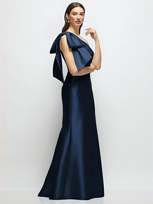 Bow One-Shoulder Satin Maxi Dress with Trumpet Skirt