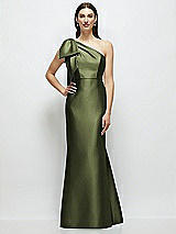 Side View Thumbnail - Olive Green Bow One-Shoulder Satin Maxi Dress with Trumpet Skirt