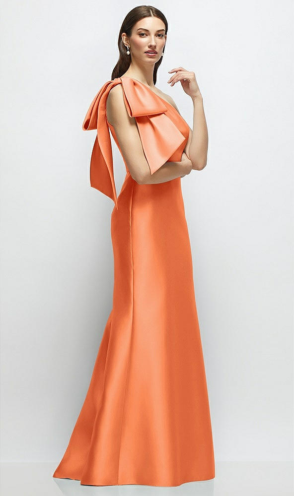 Front View - Portofino Orange Bow One-Shoulder Satin Maxi Dress with Trumpet Skirt