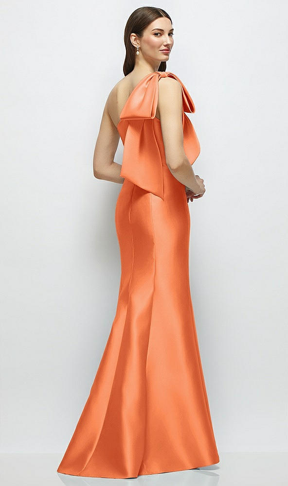 Back View - Portofino Orange Bow One-Shoulder Satin Maxi Dress with Trumpet Skirt