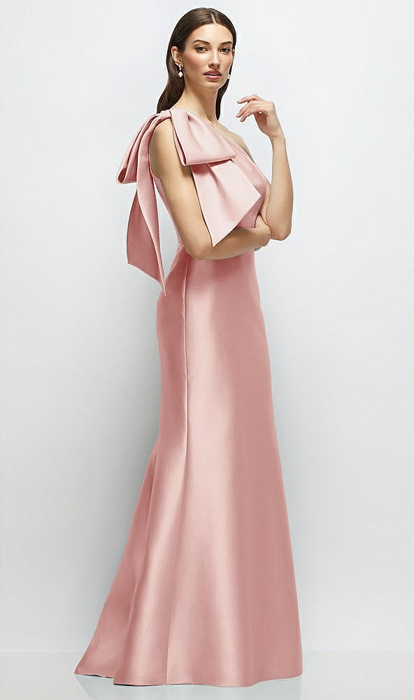 Front View - Rose Bow One-Shoulder Satin Maxi Dress with Trumpet Skirt