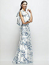 Side View Thumbnail - Cottage Rose Larkspur Bow One-Shoulder Satin Floral Maxi Dress with Trumpet Skirt