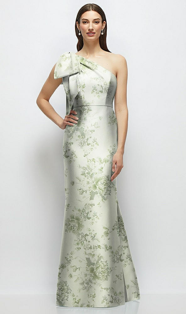 Back View - Sage Cottage Rose Bow One-Shoulder Satin Floral Maxi Dress with Trumpet Skirt
