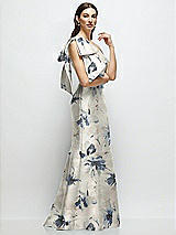 Side View Thumbnail - Inkwash Blue Floral Bow One-Shoulder Satin Floral Maxi Dress with Trumpet Skirt