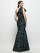 Rear View Thumbnail - Evergreen Floral Bow One-Shoulder Oscar Metallic Floral Jacquard Trumpet Maxi Dress