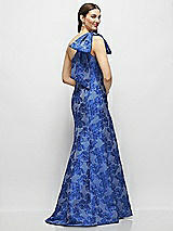 Rear View Thumbnail - Cobalt Jacquard Bow One-Shoulder Cobalt Floral Metallic Jacquard Trumpet Maxi Dress