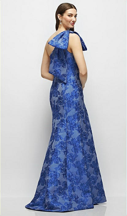 Bow One-shoulder Cobalt Floral Metallic Jacquard Trumpet Maxi