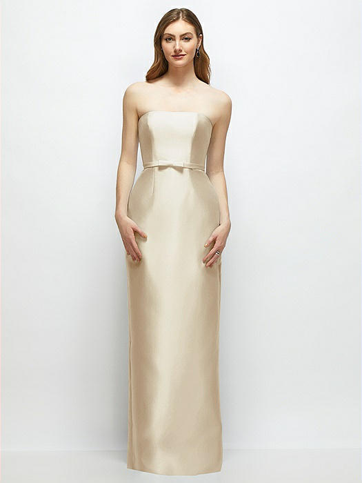 Strapless Satin Column Dress with Bow-Trimmed Skinny Belt