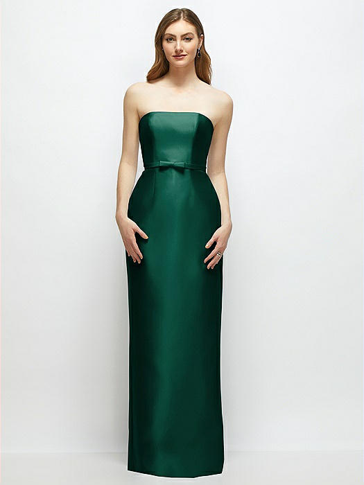 Strapless Satin Column Dress with Bow-Trimmed Skinny Belt