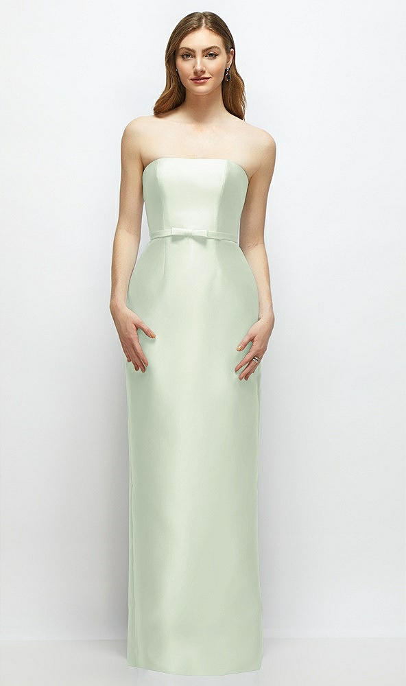Front View - Mint Green Strapless Satin Column Dress with Bow-Trimmed Skinny Belt