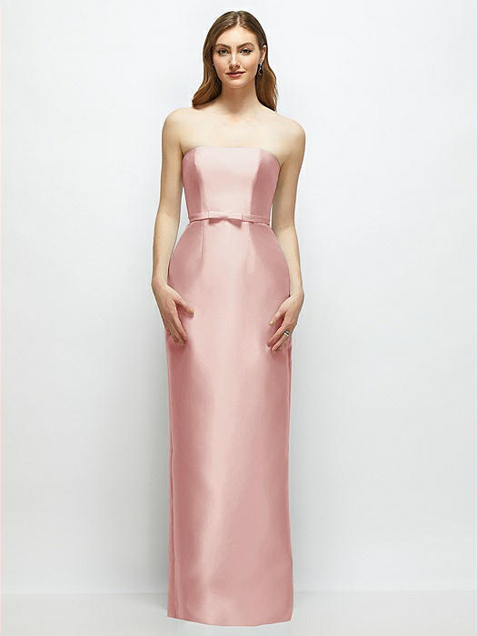 Strapless Satin Column Dress with Bow-Trimmed Skinny Belt