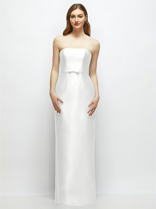 Strapless Satin Column Dress with Bow-Trimmed Skinny Belt
