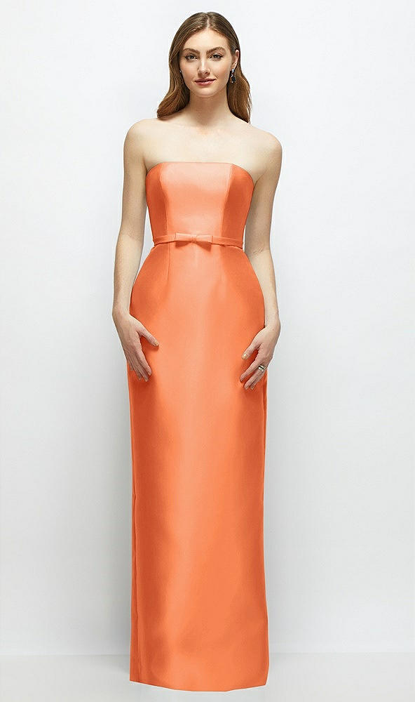 Front View - Portofino Orange Strapless Satin Column Dress with Bow-Trimmed Skinny Belt