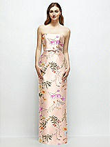 Front View Thumbnail - Butterfly Botanica Pink Sand Floral Strapless Satin Column Dress with Bow-Trimmed Skinny Belt