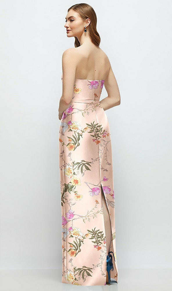 Back View - Butterfly Botanica Pink Sand Floral Strapless Satin Column Dress with Bow-Trimmed Skinny Belt