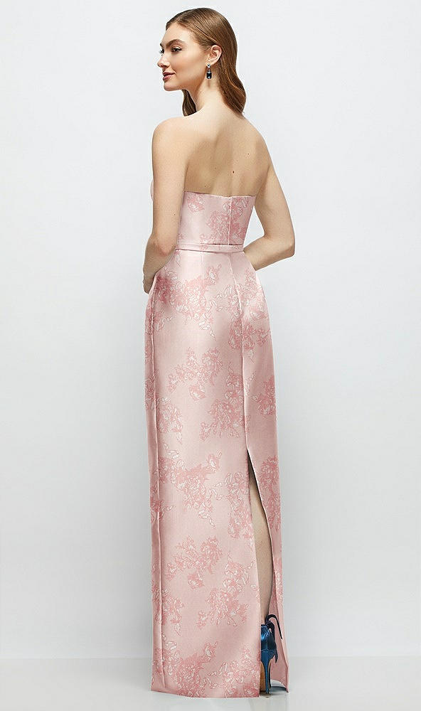 Back View - Bow And Blossom Print Floral Strapless Satin Column Dress with Bow-Trimmed Skinny Belt