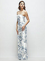 Side View Thumbnail - Cottage Rose Larkspur Floral Strapless Satin Column Dress with Bow-Trimmed Skinny Belt